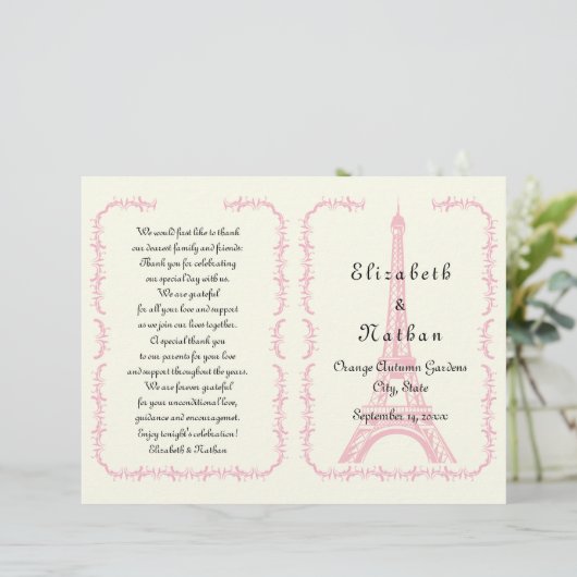 Rosa Eiffelturm Paris gefaltetes Hochzeitsprogramm (Stehend Vorderseite)