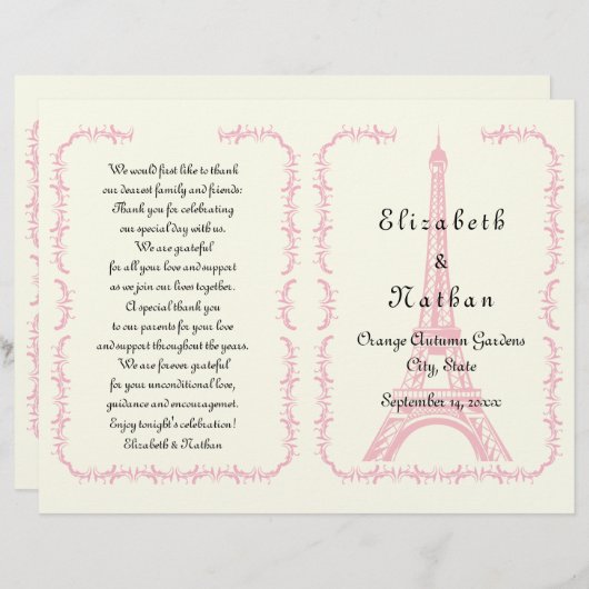 Rosa Eiffelturm Paris gefaltetes Hochzeitsprogramm (Vorne/Hinten)