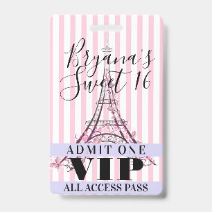 Rosa Eiffelturm Sweet 16 Party VIP Pass Abzeichen Ausweis