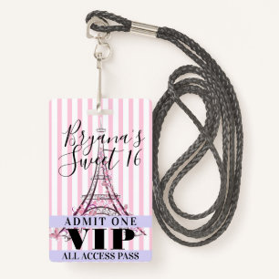 Rosa Eiffelturm Sweet 16 Party VIP Pass Abzeichen Ausweis