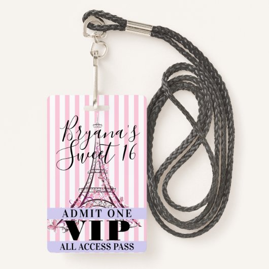 Rosa Eiffelturm Sweet 16 Party VIP Pass Abzeichen Ausweis (Vorderseite mit Schlüsselband)