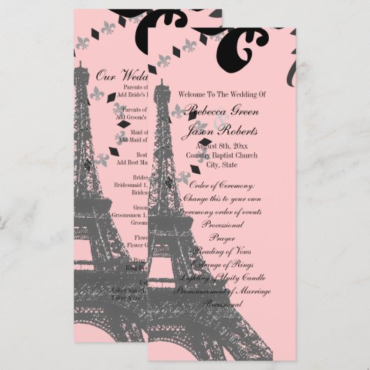 Rosa eiffelturm Vintage Paris Hochzeitsprogramme Programm (Vorne/Hinten)