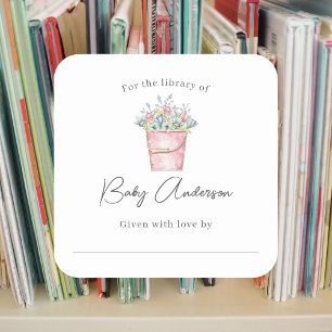 Rosa Eimer mit Blume Kinderdusche Buchzeichen Quadratischer Aufkleber