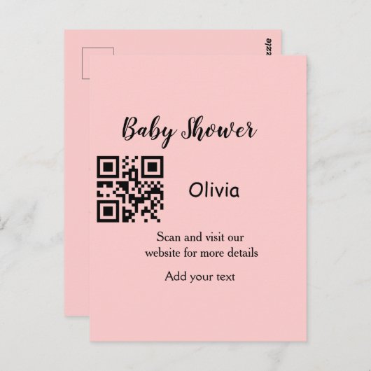 Rosa einfache Babydusche q r Code hinzufügen Name  Postkarte (Vorne/Hinten)