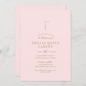 Rosa Einfache Elegante Gold Cross Christening Einladung (Vorne/Hinten)