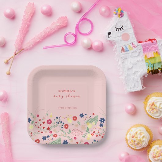 Rosa einfache Elegante Wildblume Kinderdusche Pappteller (Party)