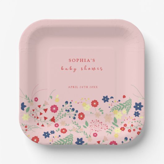 Rosa einfache Elegante Wildblume Kinderdusche Pappteller (Vorderseite)