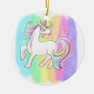 rosa Einhorn auf Regenbogen Hintergrund T-Shirt Keramik Ornament