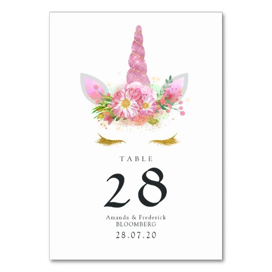 Rosa Einhorn-Baby-Shower mit Blumenmuster Tischnummer (Vorderseite)