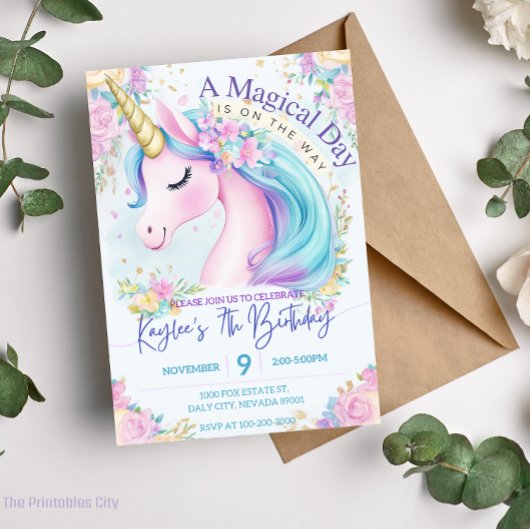 Rosa Einhorn Birthday Gold Regenbogen Einladung