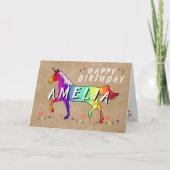 Rosa Einhorn Blume Altes Papier Mädchen glücklich Karte (Vorderseite)