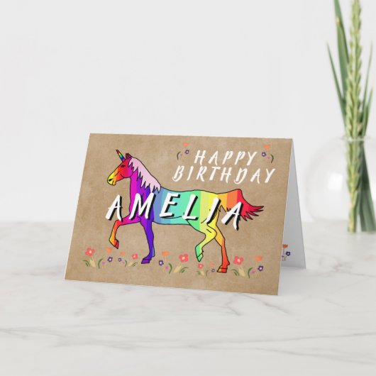 Rosa Einhorn Blume Altes Papier Mädchen glücklich Karte (Vorderseite)