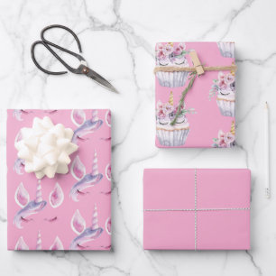 Rosa Einhorn Blumen Cupcake Geburtstag Geschenkpapier Set