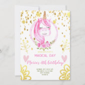 Rosa Einhorn Gesicht Gold Confetti Girl Birthday Einladung (Vorderseite)