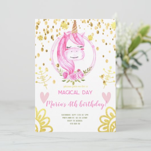 Rosa Einhorn Gesicht Gold Confetti Girl Birthday Einladung (Stehend Vorderseite)