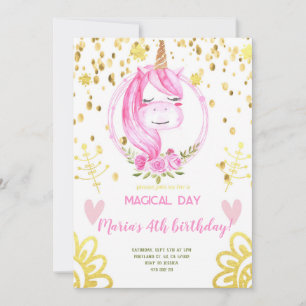 Rosa Einhorn Gesicht Gold Confetti Girl Birthday Einladung
