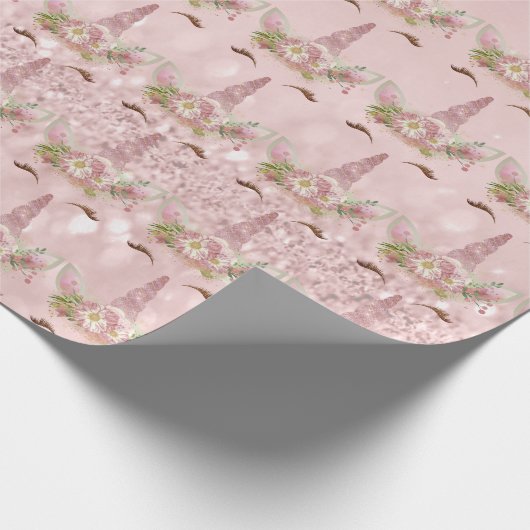 Rosa Einhorn Glitzer Bläsergoldblüte Süß 16. Geschenkpapier (Ecke)