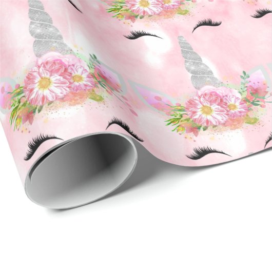 Rosa Einhorn Glitzer Blumengrau Park Silberne Rose Geschenkpapier (Rolleneckpunkt)