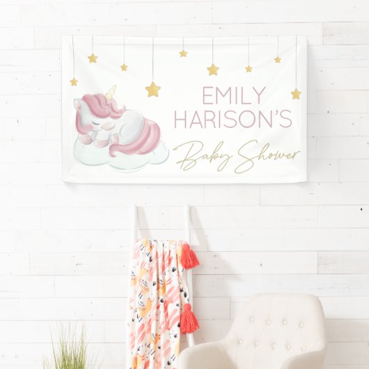 Rosa Einhorn Gold Stars Kinderdusche Banner (Insitu)