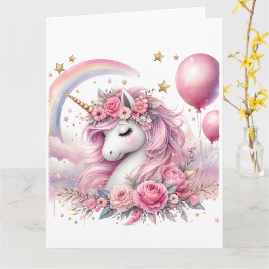 Rosa Einhorn Karte (Gelbe Blume)