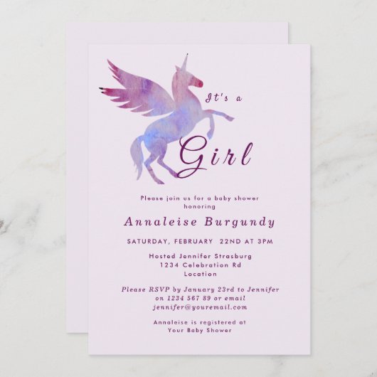 Rosa Einhorn Mädchen Dusche Flügelpferd Einladung (Vorne/Hinten)