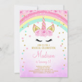 Rosa Einhorn mit goldenen Sternen Einladung (Vorderseite)