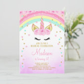 Rosa Einhorn mit goldenen Sternen Einladung (Stehend Vorderseite)