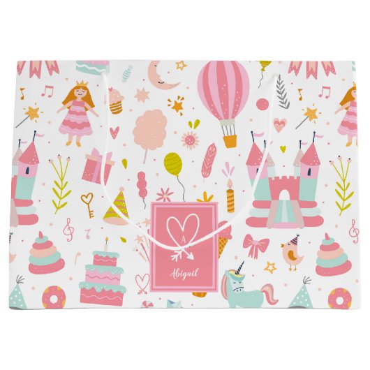 Rosa Einhorn Party Muster Mit Monogramm Girl Kinde Große Geschenktüte (Vorderseite)