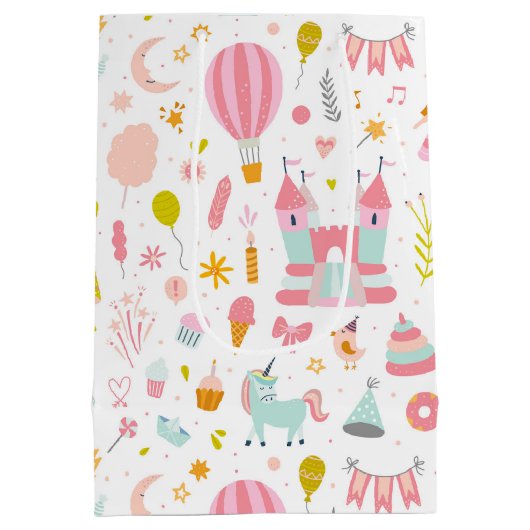 Rosa Einhorn Party Muster Mit Monogramm Girl Kinde Mittlere Geschenktüte (Rückseite)