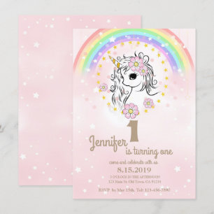 Rosa Einhorn RainBow Girl 1. Geburtstagskarte Einladung