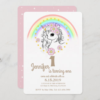 Rosa Einhorn RainBow Girl 1. Geburtstagskarte Einladung