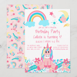 Rosa Einhorn Rainbow Moon Stars Blume Geburtstag Einladung