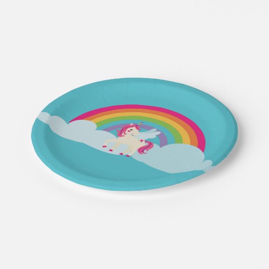 Rosa Einhorn-Regenbogen-Pappteller Pappteller (Schrägansicht)