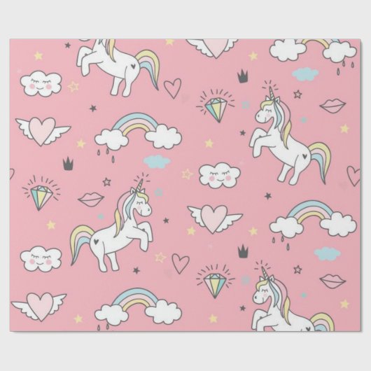 Rosa Einhorn-Regenbogenmuster Geschenkpapier (Flach)