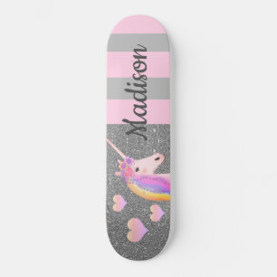 Rosa Einhorn Silver Glitzer Girls Personalisiert Skateboard