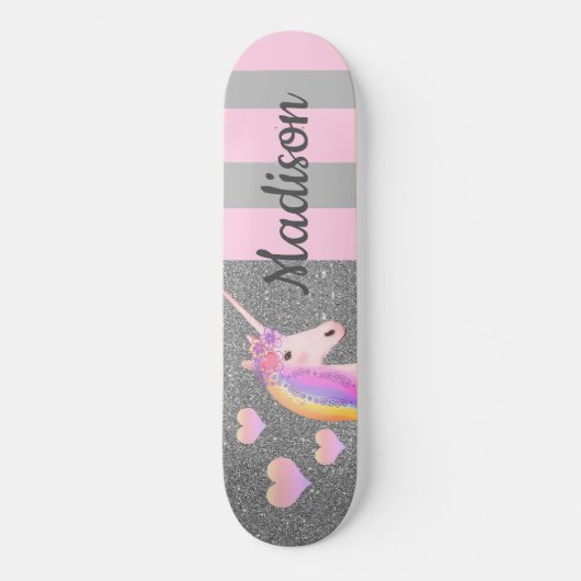 Rosa Einhorn Silver Glitzer Girls Personalisiert Skateboard (Vorderseite)