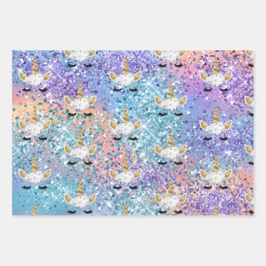 Rosa Einhorn Sparkle Lila Aqua Glitzer Confetti Geschenkpapier Set (Vorderseite)