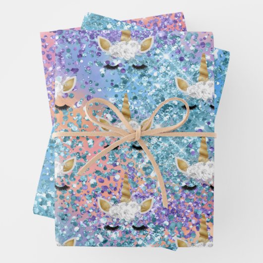Rosa Einhorn Sparkle Lila Aqua Glitzer Confetti Geschenkpapier Set (Beispiel)