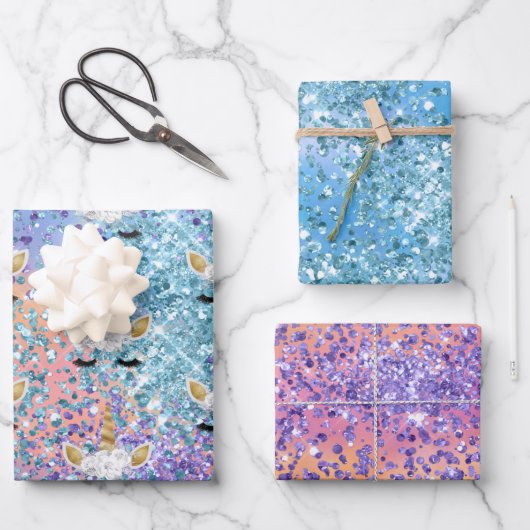 Rosa Einhorn Sparkle Lila Aqua Glitzer Confetti Geschenkpapier Set (Vorderseite)