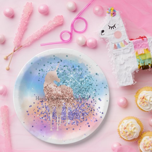 Rosa Einhorn Sparkle Lila Aqua Glitzer Confetti Pappteller (Party)