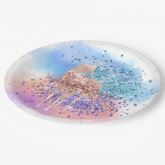 Rosa Einhorn Sparkle Lila Aqua Glitzer Confetti Pappteller (Schrägansicht)