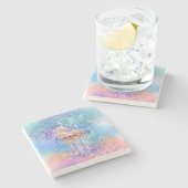 Rosa Einhorn Sparkle Lila Aqua Glitzer Confetti Steinuntersetzer (Seitenansicht)