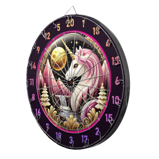 Rosa Einhorn steht im Mondlicht stolz auf Dartscheibe (Vorderseite rechts)