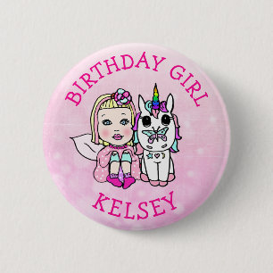 Rosa Einhorn und Fairy Birthday Girl Button