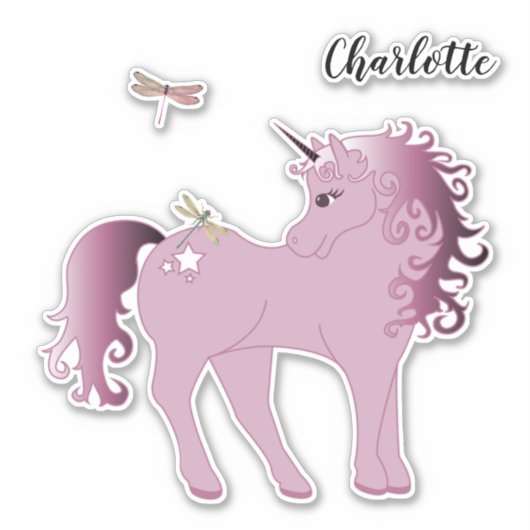 Rosa Einhorn und Libellen Aufkleber (Vorderseite)