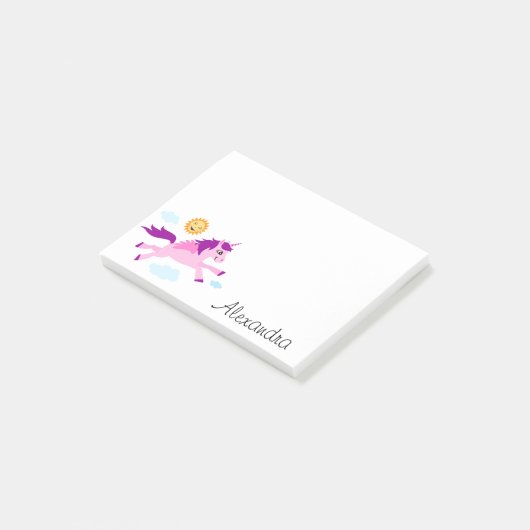 Rosa Einhorn und personalisierter Sonnenname Post-it Klebezettel (angewinkelt)