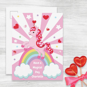Rosa Einhorn Valentinstag für Kinder Klassenzimmer Feiertagspostkarte