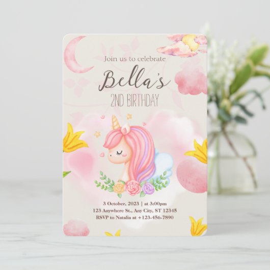 Rosa Einhorn Zweite Geburtstagseinladung Einladung (Stehend Vorderseite)