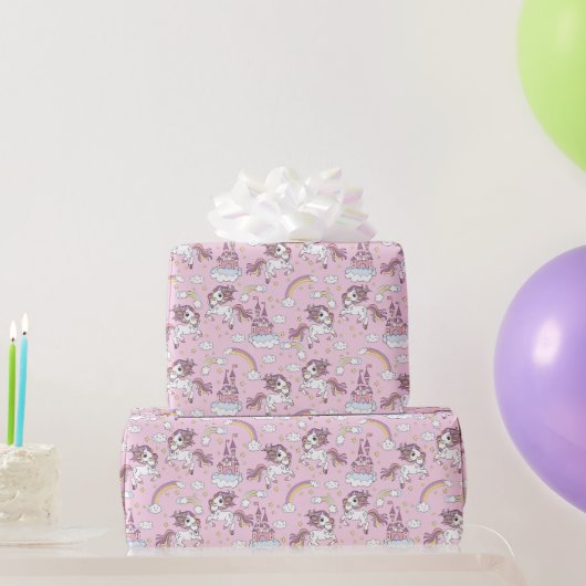 Rosa Einhörner und Schlösser Geschenkpapier (Partygeschenke)