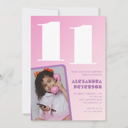 Rosa Einladung zum 11. Geburtstag Girl Retro Foto (Vorderseite)